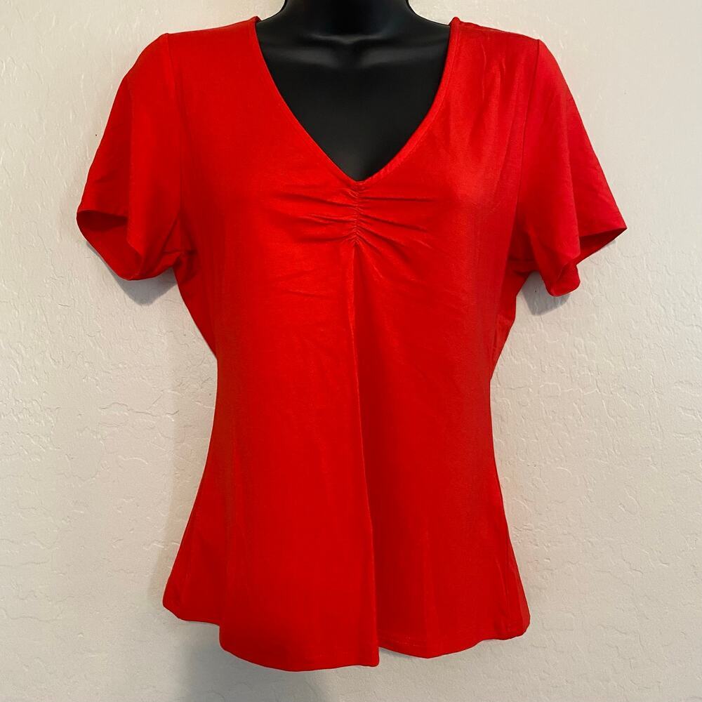 Sourpuss Womens Size Medium Short Sleeve V Neck Ruched Shirt Top Red Retro